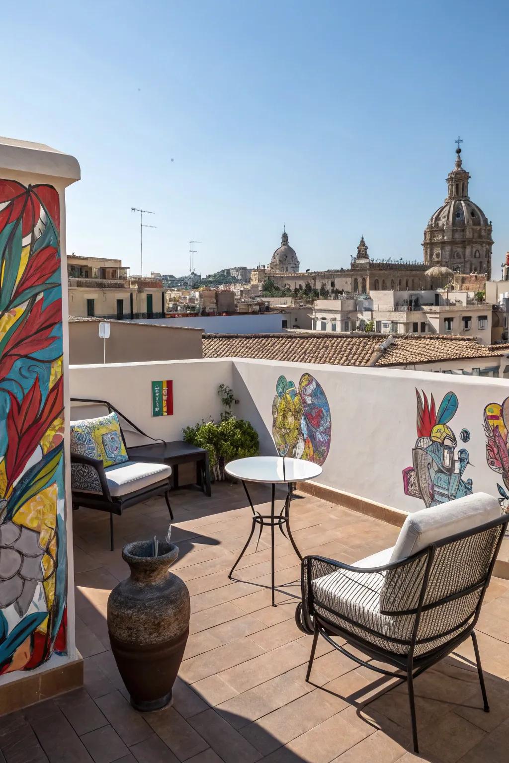Artistic accents bring character and intrigue to a rooftop.