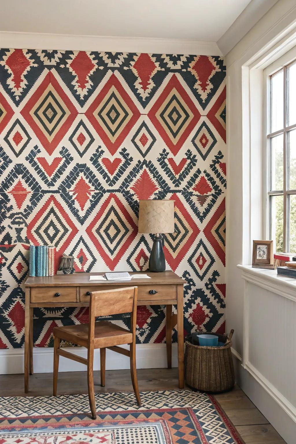 Striking wall covering adds personality and flair to the space.