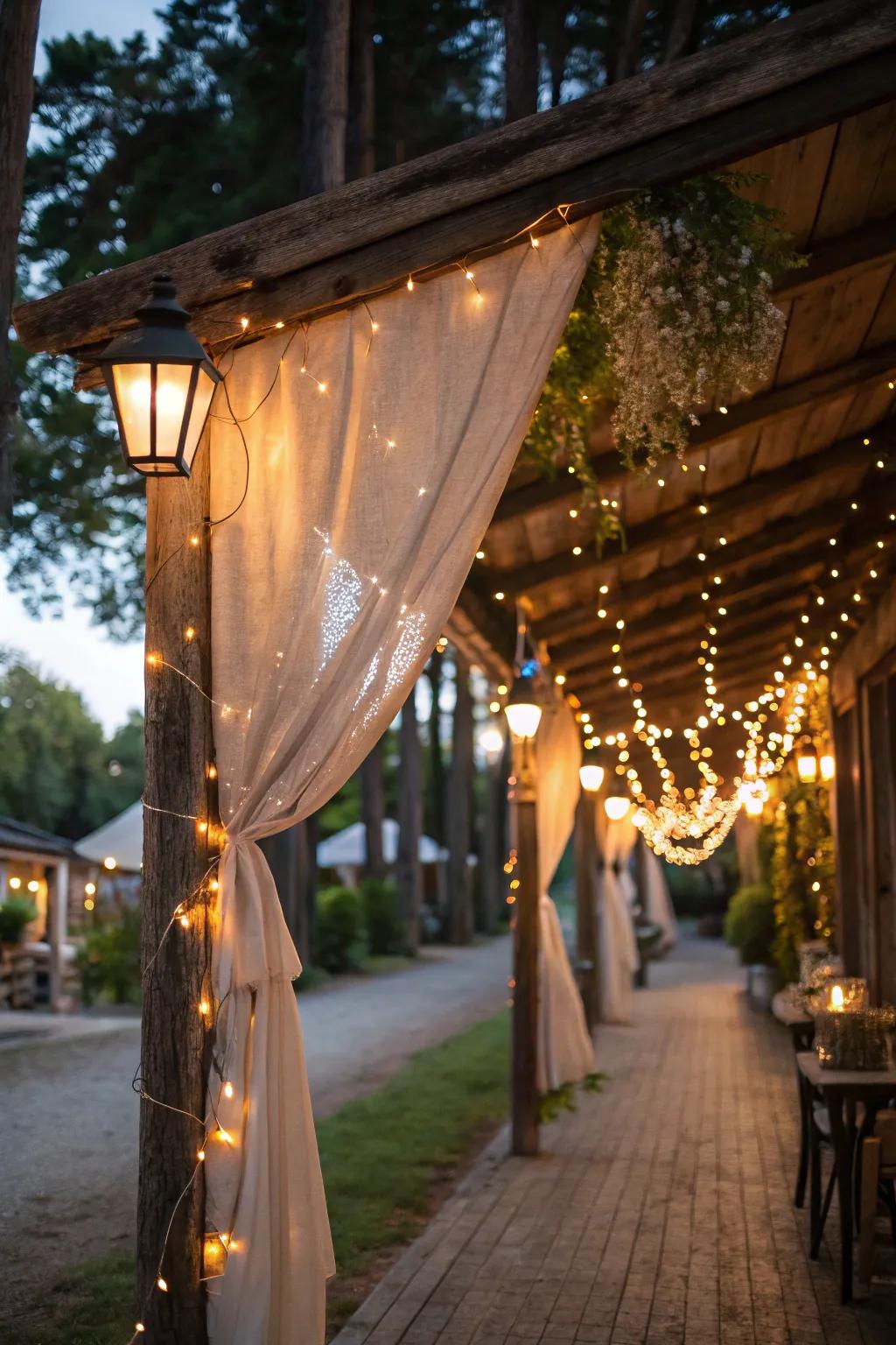 Fairy lights create a magical rustic atmosphere.