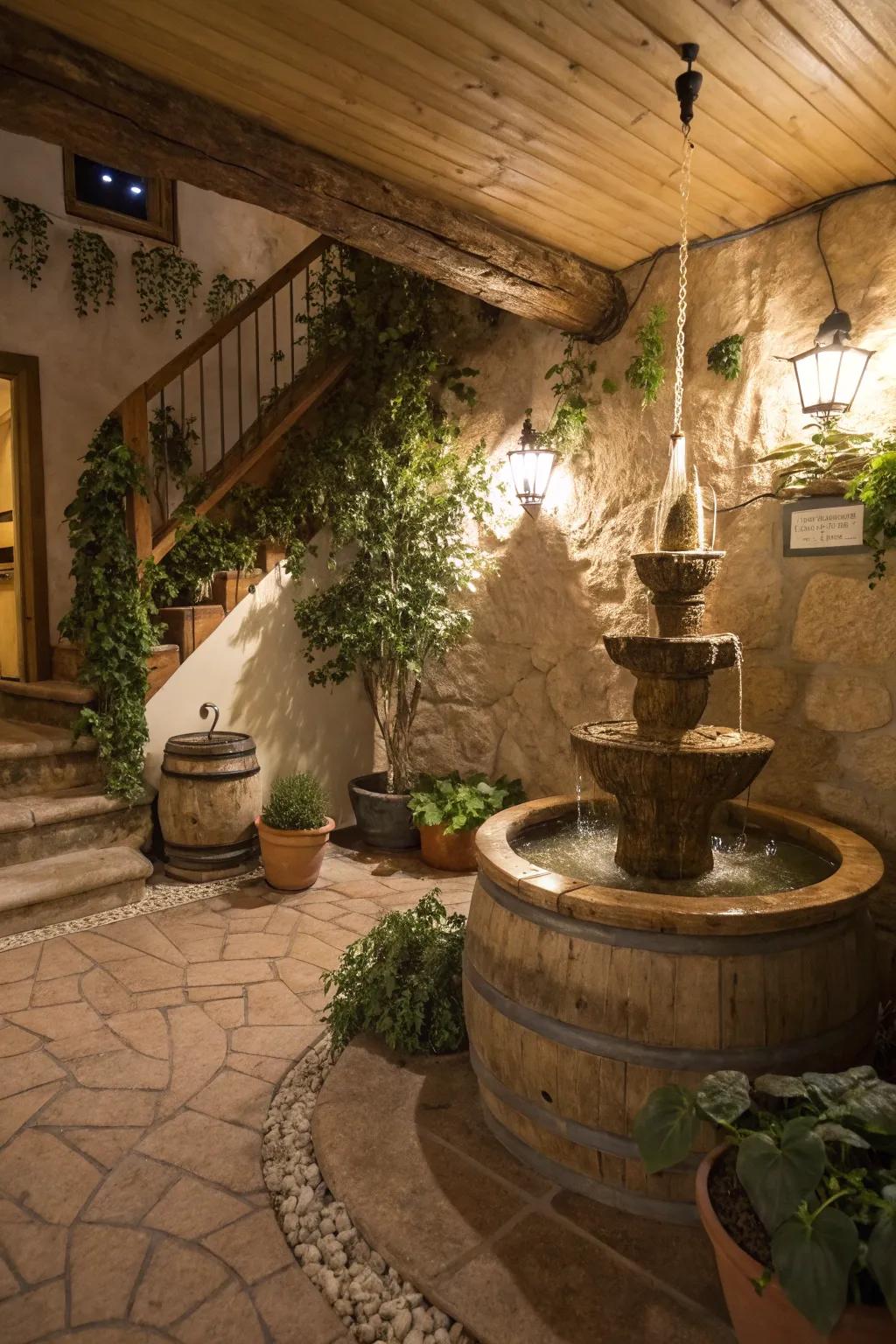 A water feature brings tranquility to a rustic basement.