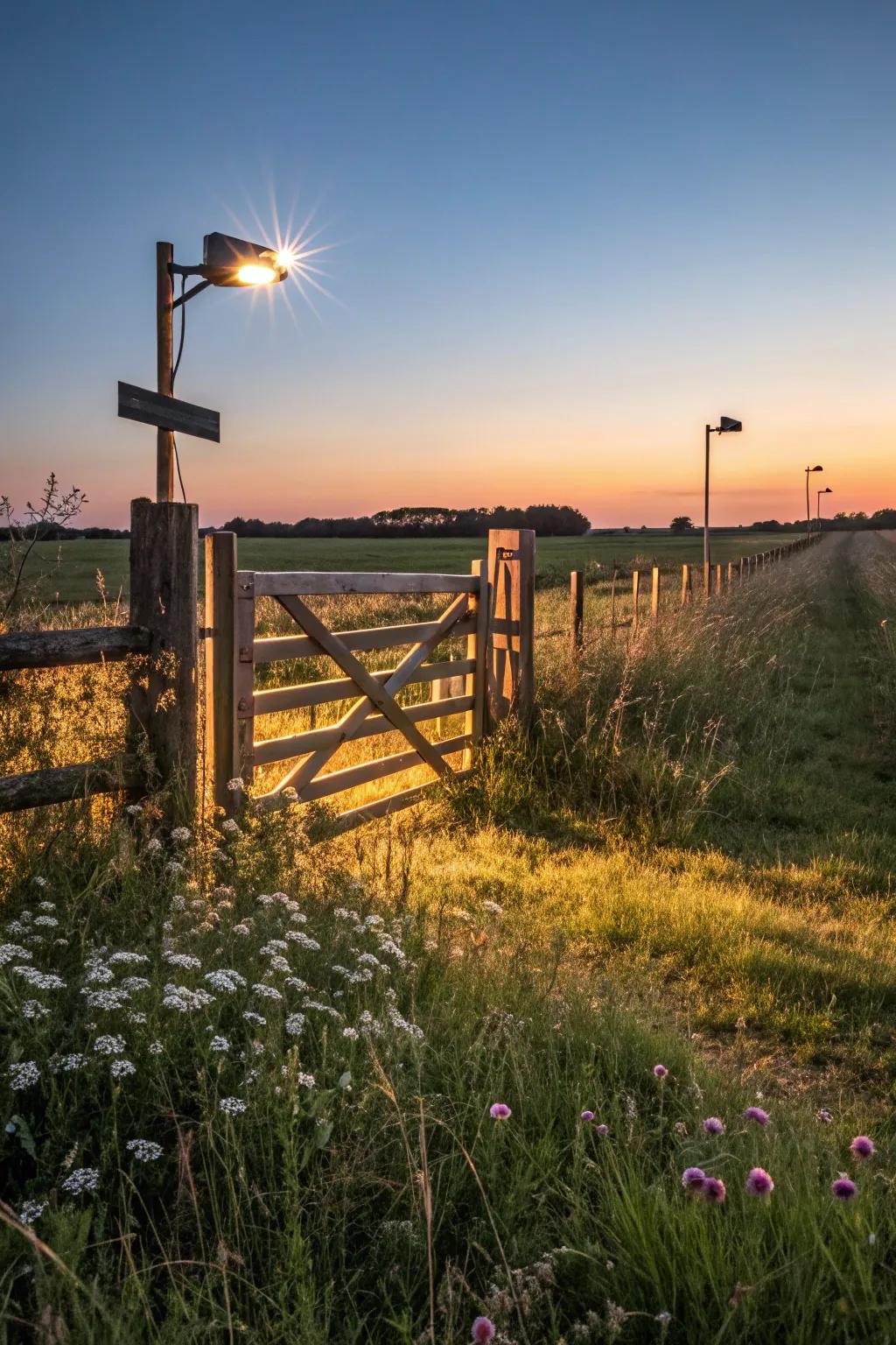 A ranch entrance beautifully lit with solar-powered lights.