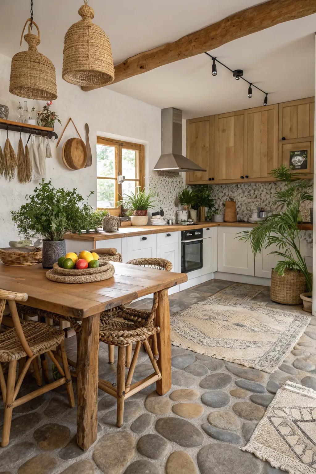 Stream rock covering brings an organic, tactile feel indoors.