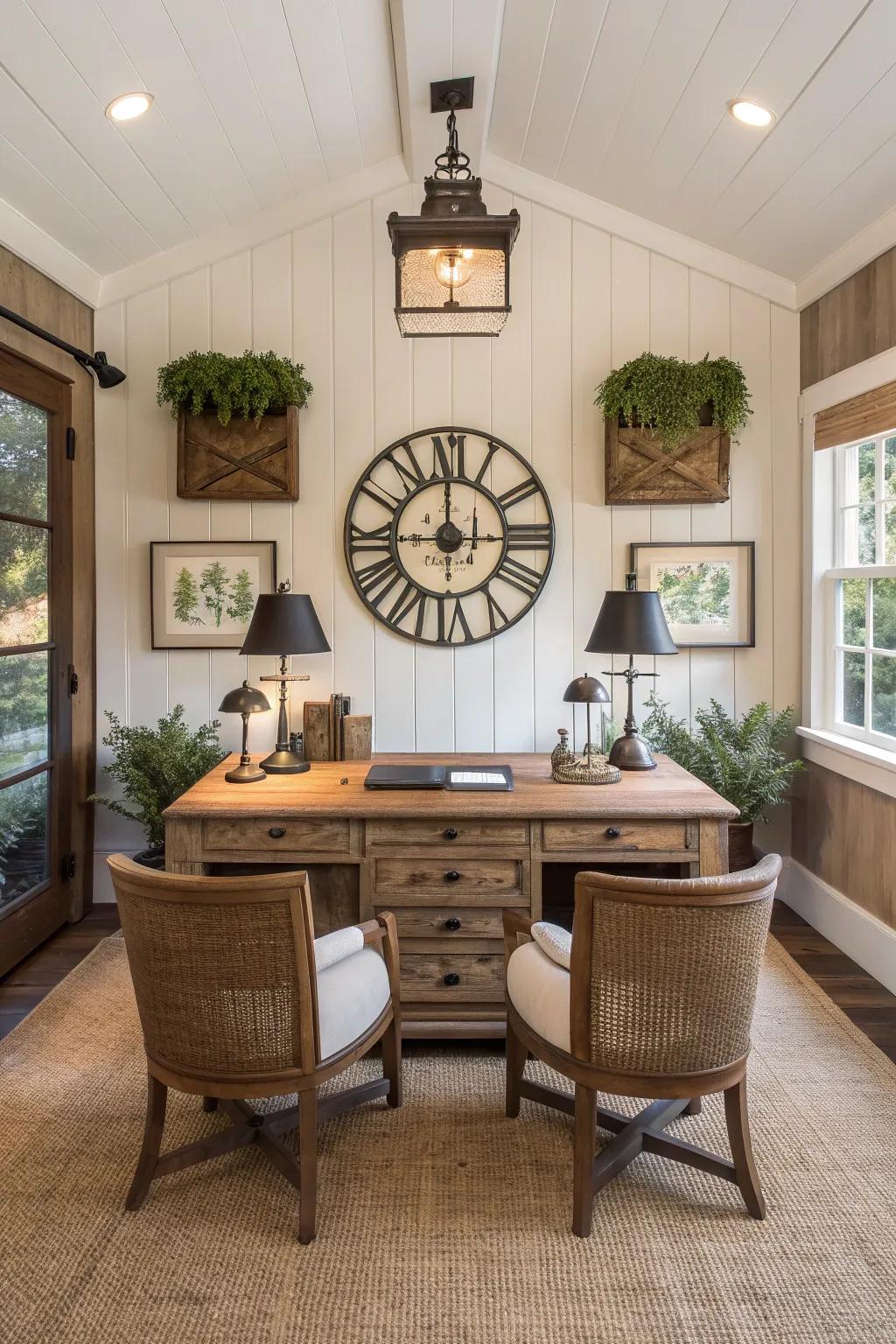 A symmetrical arrangement brings harmony and balance to your farmhouse office. 📚 #Symmetry #OfficeDesign