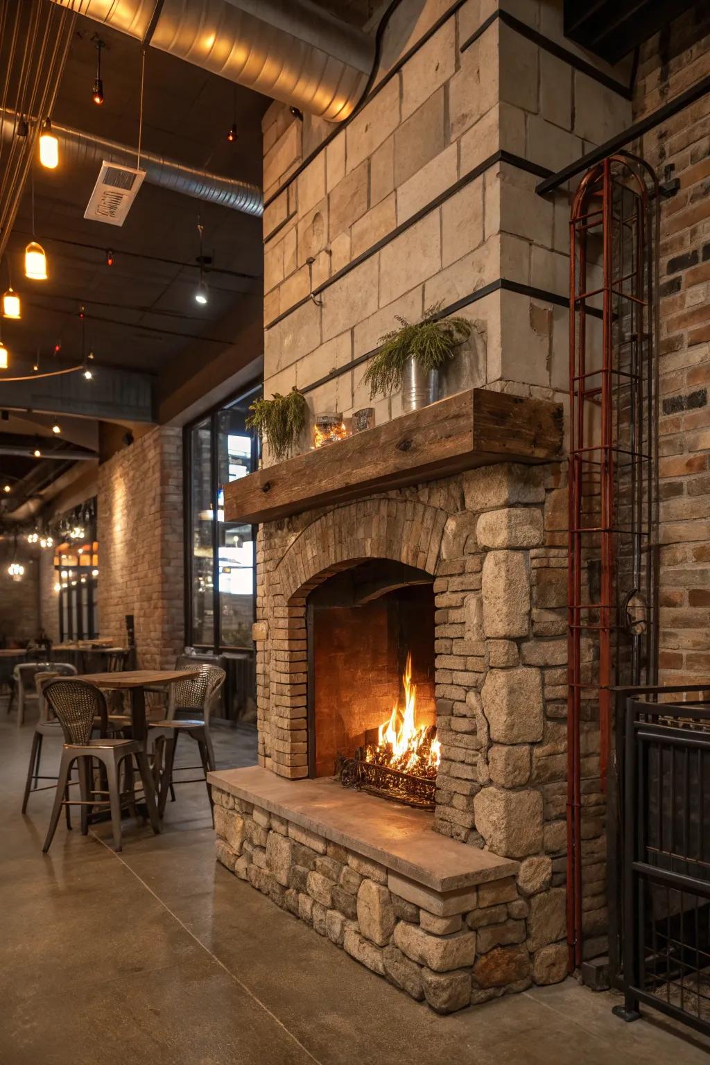 A rustic-industrial fusion fashions a contemporary look for this fireplace.