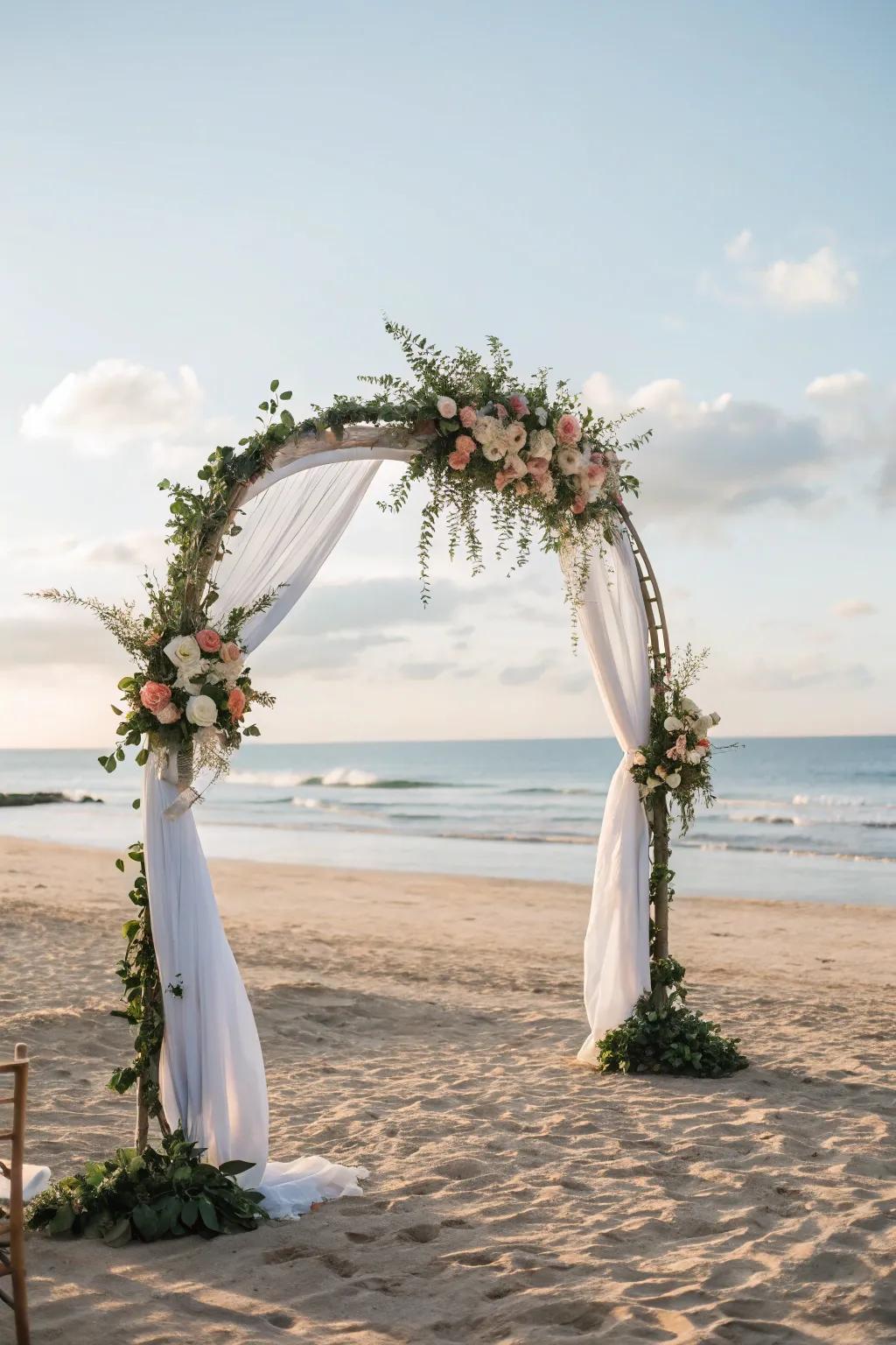 A seemingly floating arch, injecting a hint of magic into a seaside ceremony.