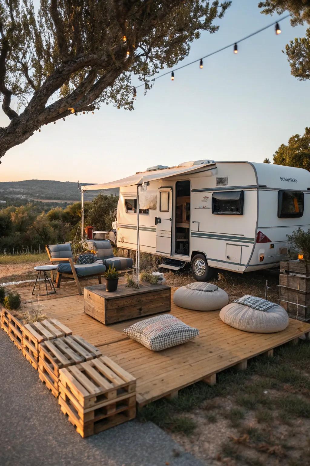 A temporary patio adds style and comfort to your campsite.