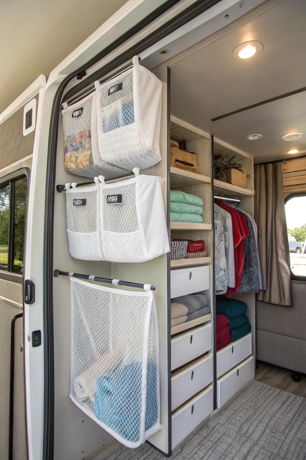 Overhead storage nets efficiently use ceiling area in an RV closet.