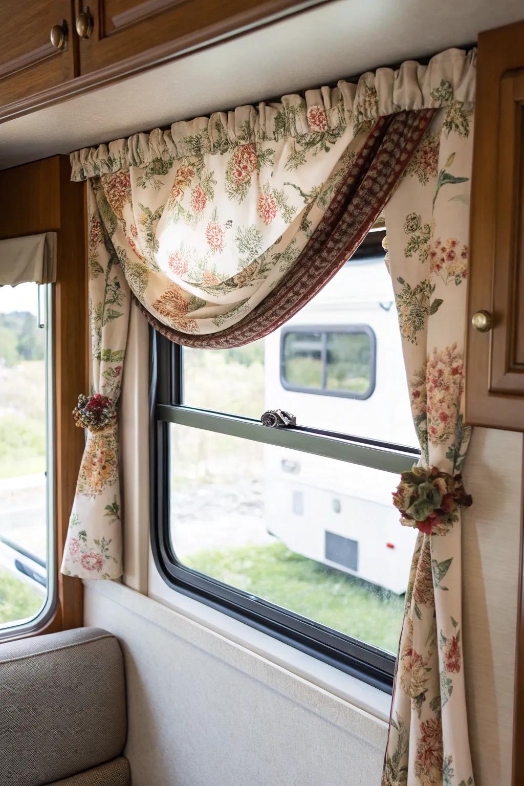 Window toppers add a decorative frame to RV windows, enhancing style.