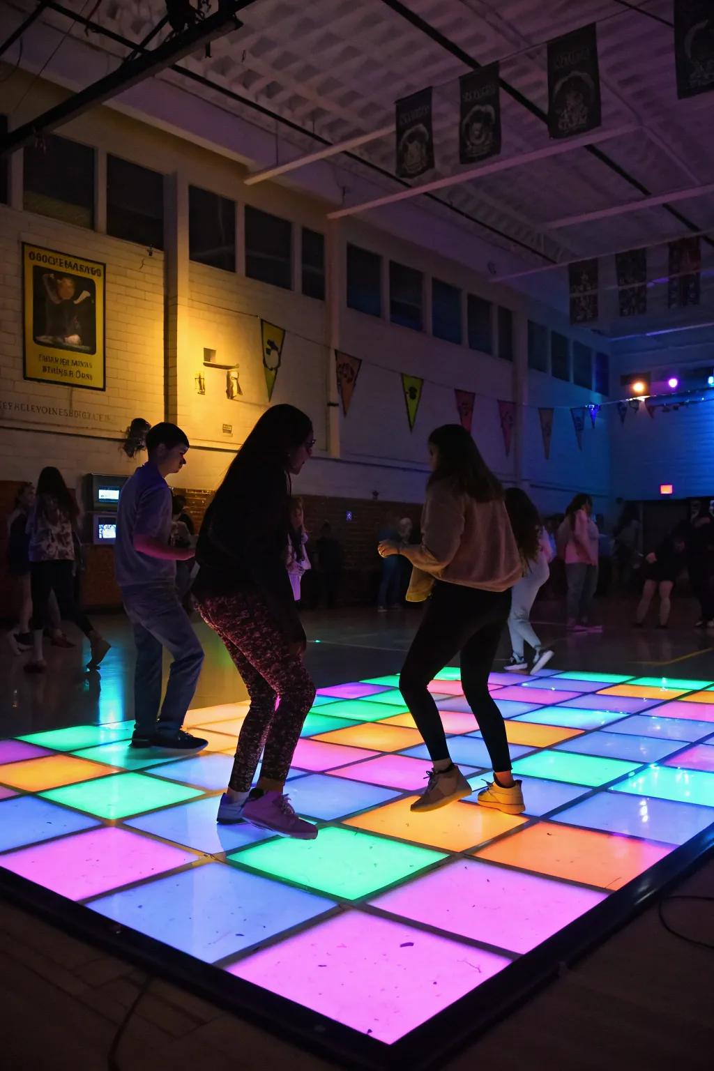 An inviting dynamic dance surface with changing colors.
