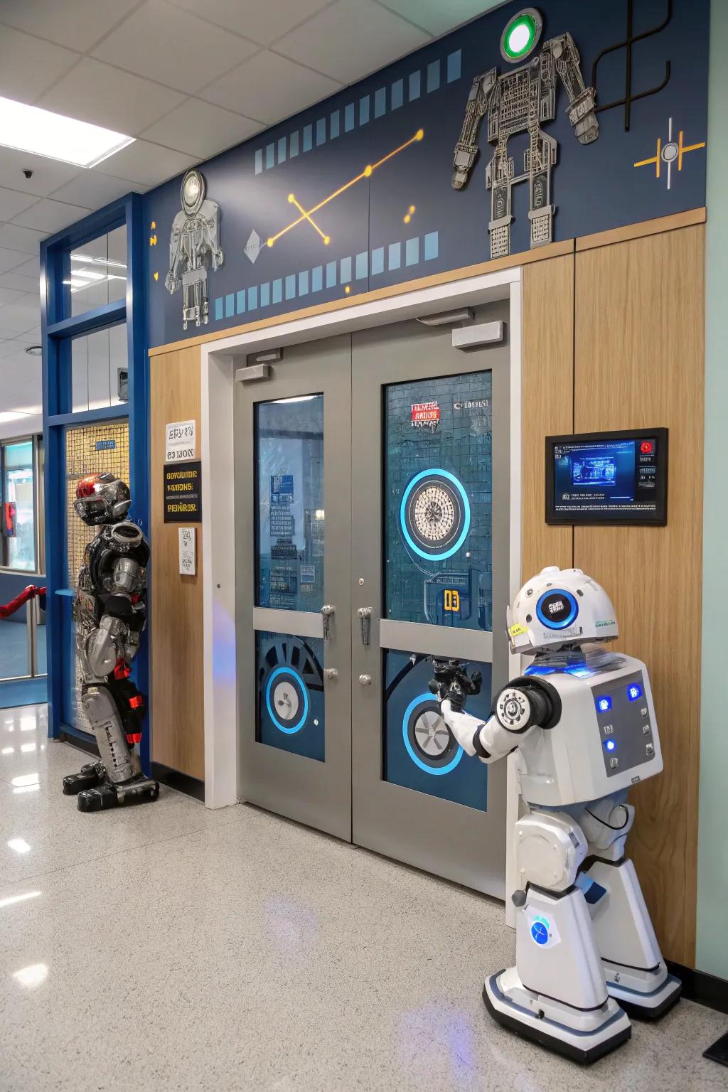 A futuristic tech-themed school door featuring innovative designs.