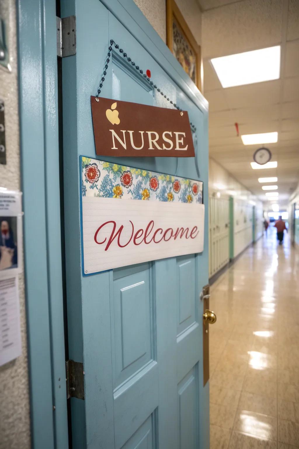 A unique element featured on the school nurse's entryway using a greet marker.