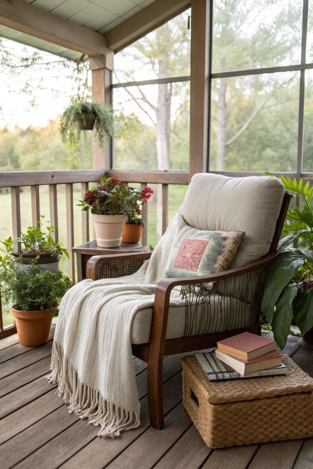 The porch offers a cozy haven in a reading corner.