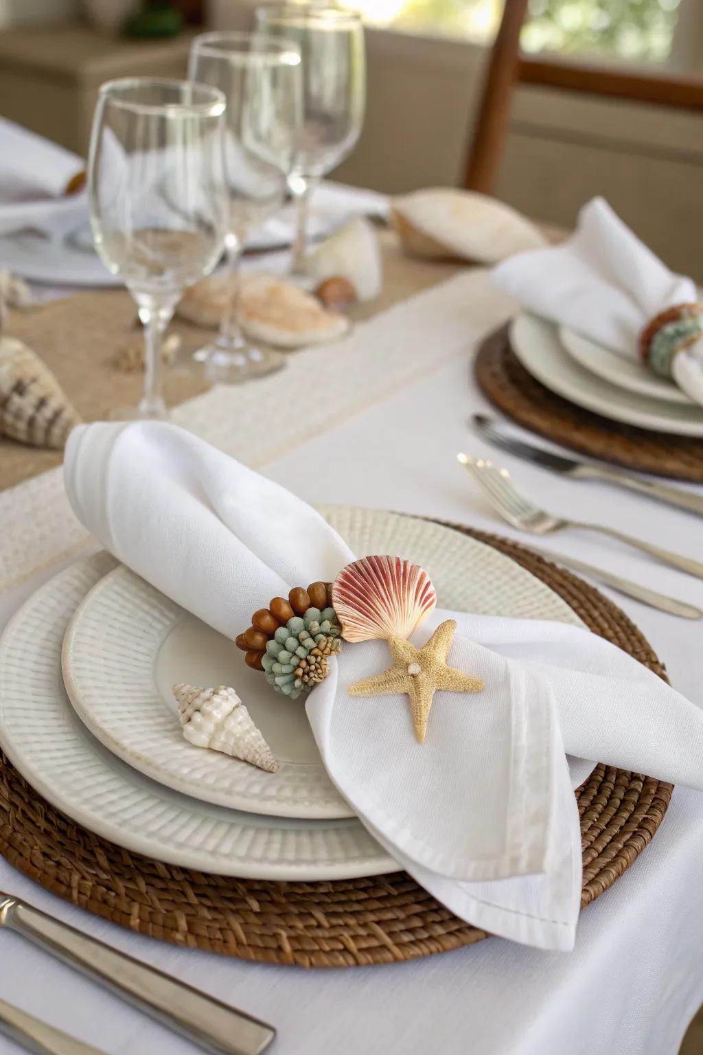 Shell napkin wraps contribute a delightful coastal element to your table setting.