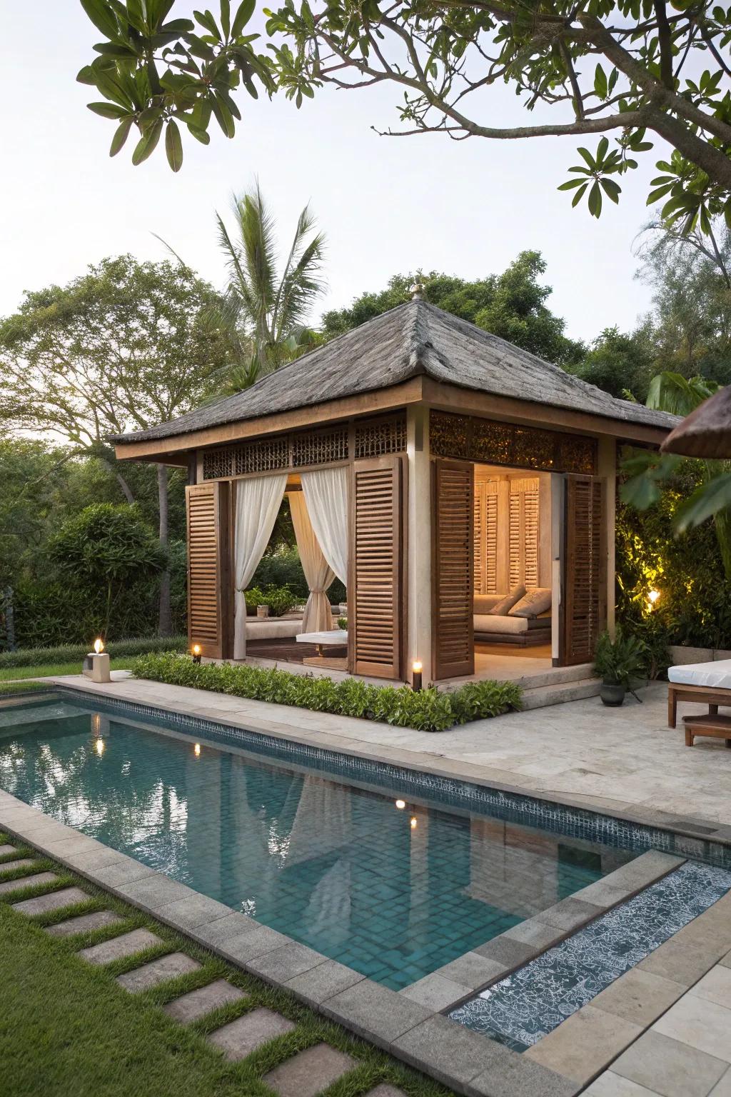 A semi inground pool featuring a cozy cabana for ultimate relaxation.