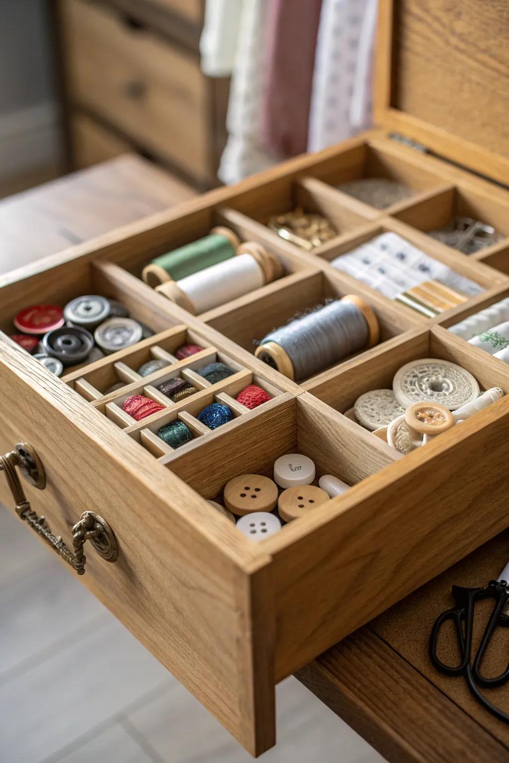 Drawer dividers maintain organized items.