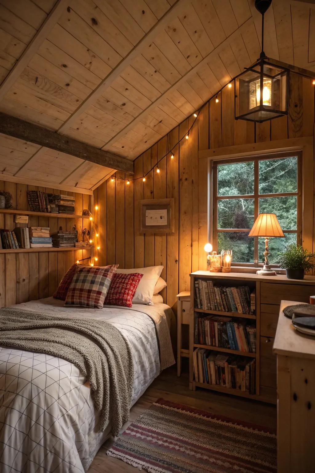 Smart illumination solutions creates a versatile and welcoming shed bedroom.