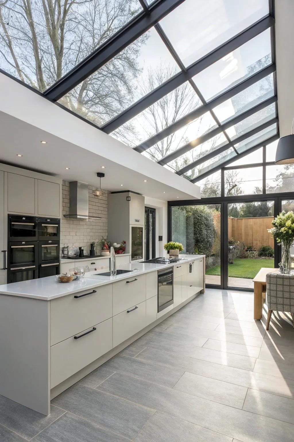 Transparent panels enhance light and style in a modern kitchen.