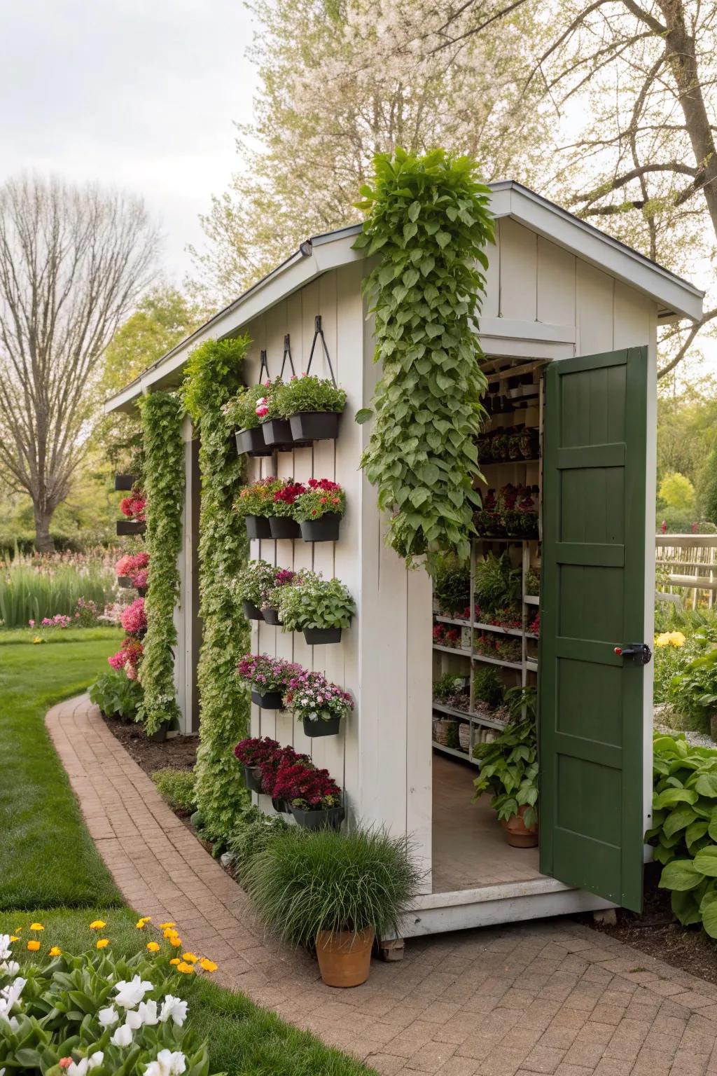 A garden shed showcasing a lush vertical plant configuration.