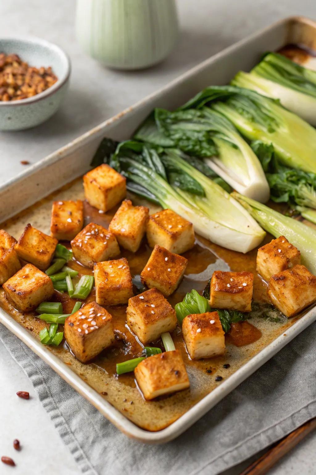 Tofu in miso with bok choy, an umami-rich delight.