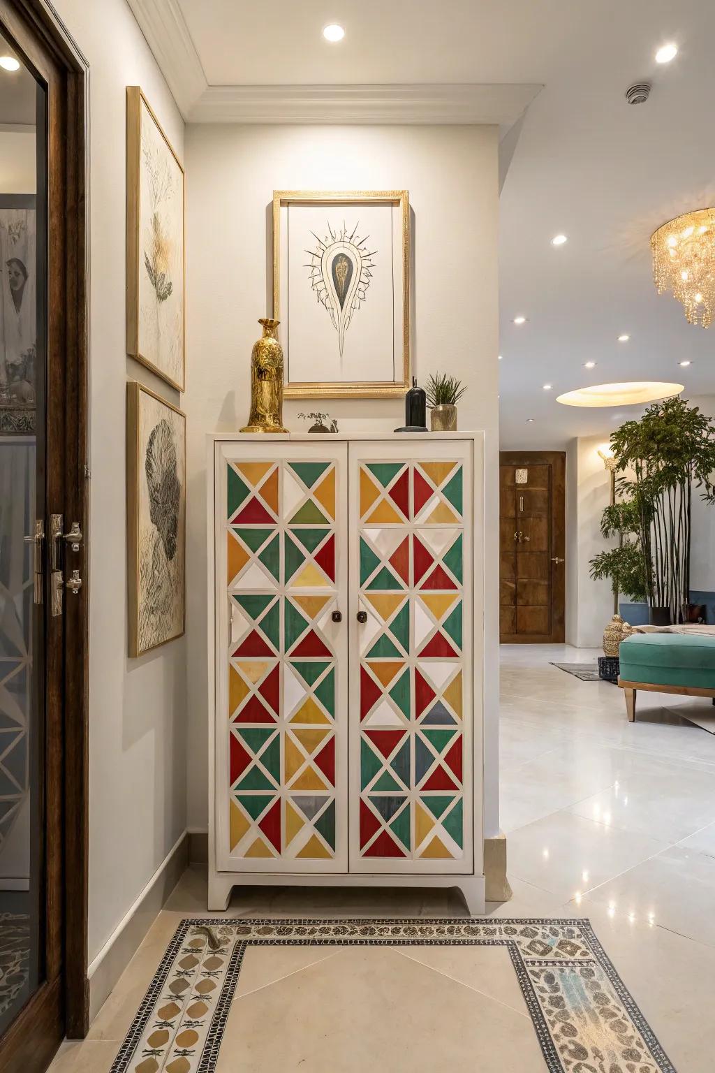 Geometric patterns giving a modern twist to the shoe cabinet.