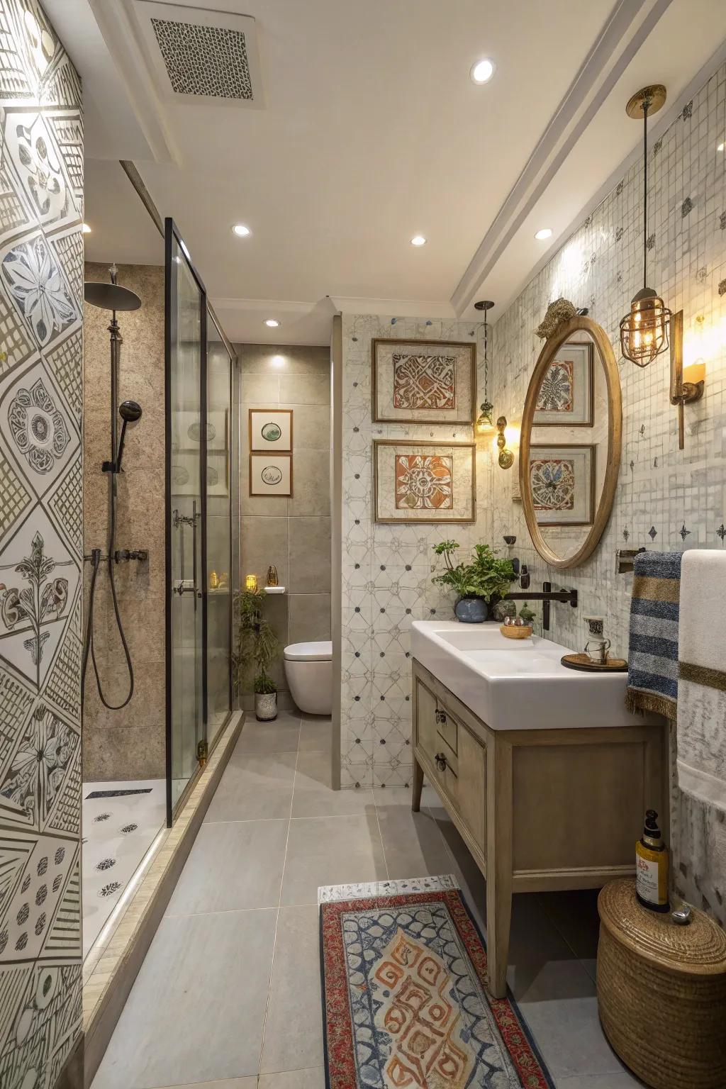 A personalized and stylish shower room with artistic touches.