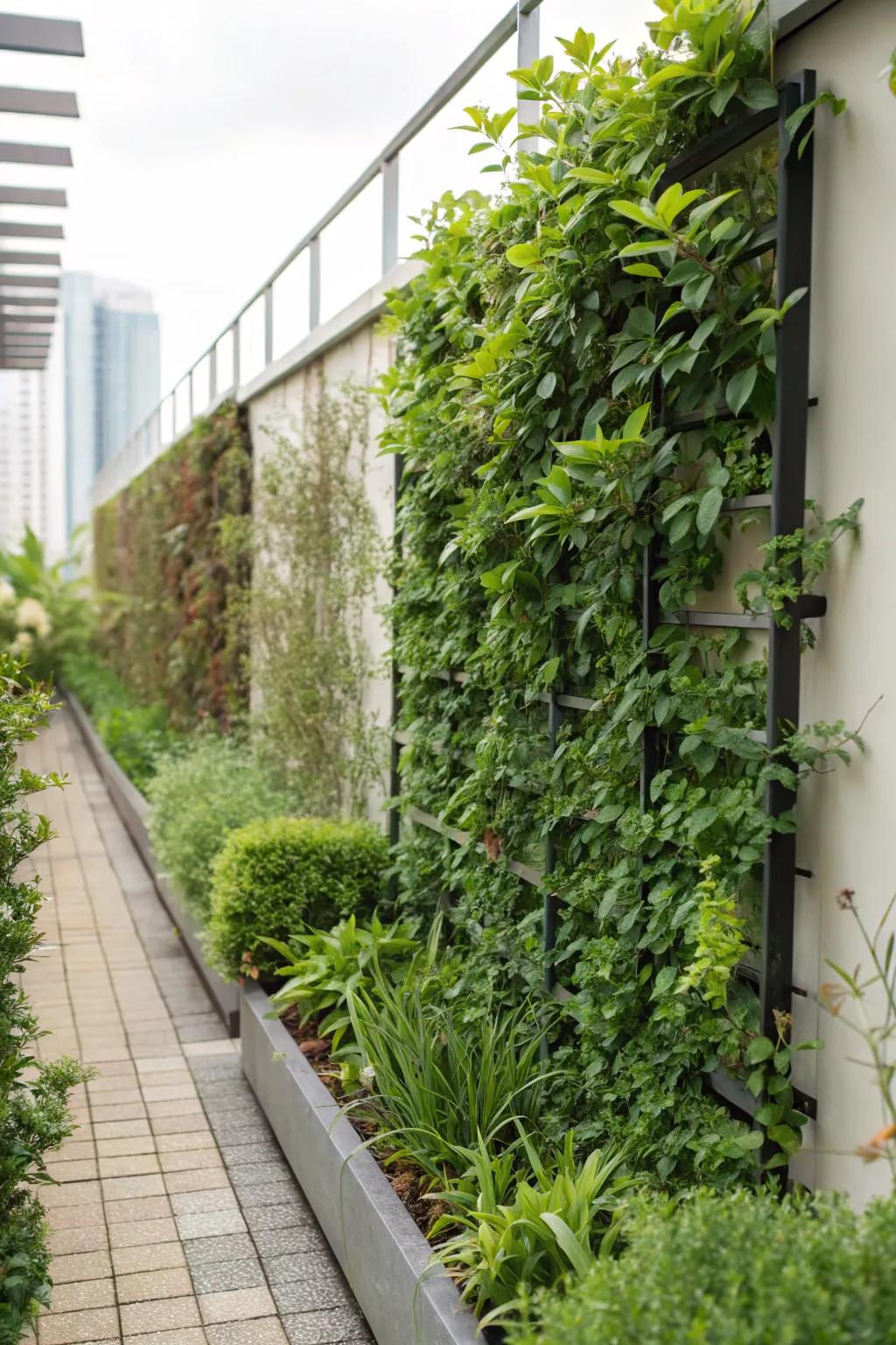 Climbing shrubs create an unexpected vertical garden feature.