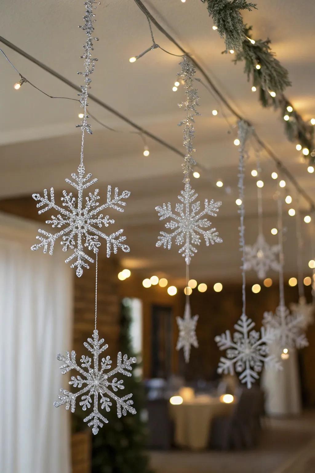 Silver snowflakes add an enchanting winter wonderland effect.