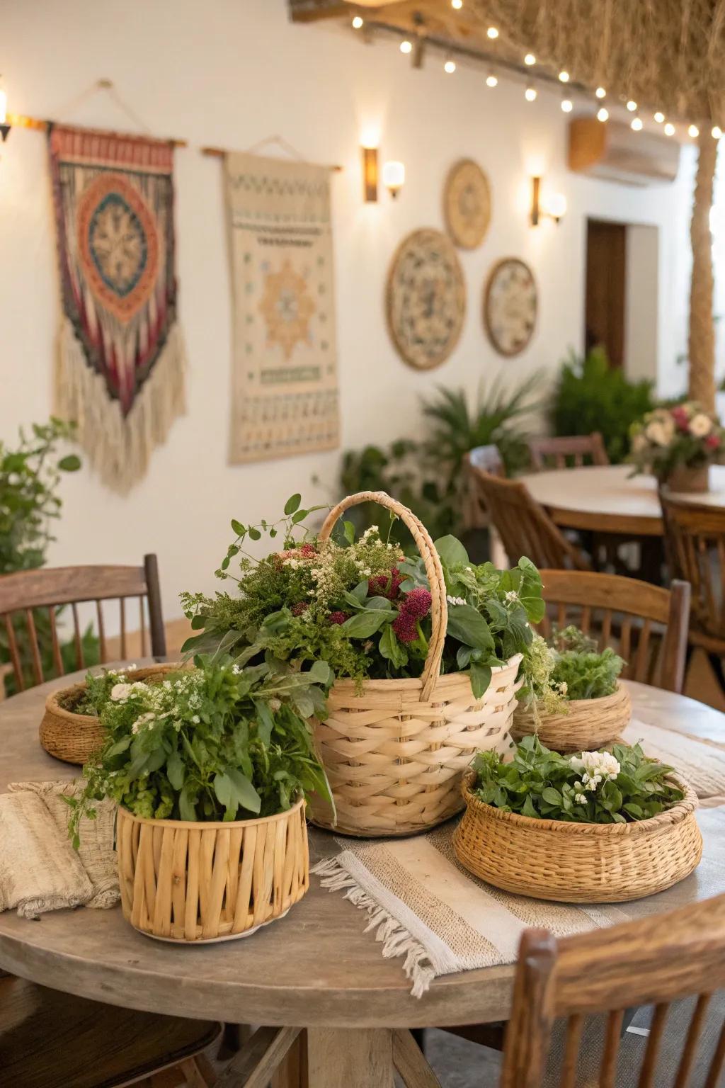 Woven baskets containing greenery provide a boho vibe to the centerpiece.