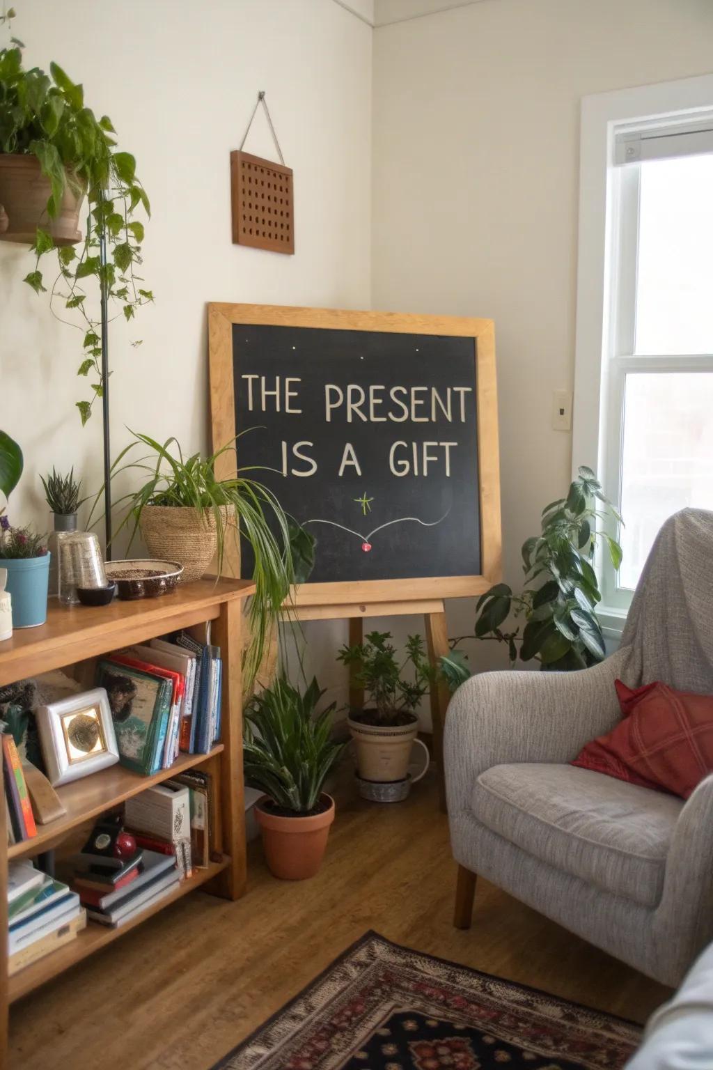 Room with a chalkboard quote about today being a gift.
