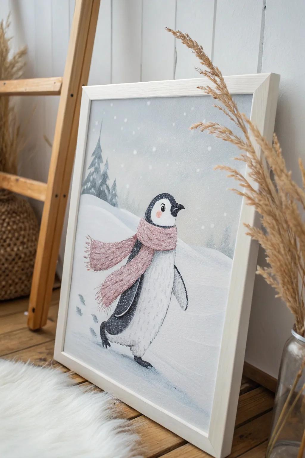 Whimsical winter charm with a playful aquatic bird in pastel hues.