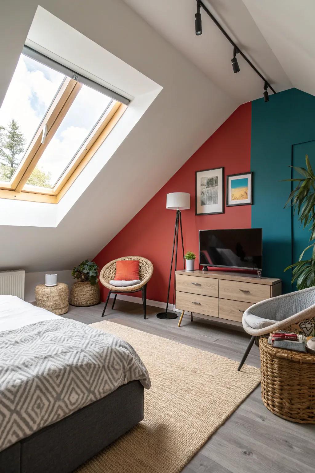 A strong feature wall adds depth to this attic bedroom.