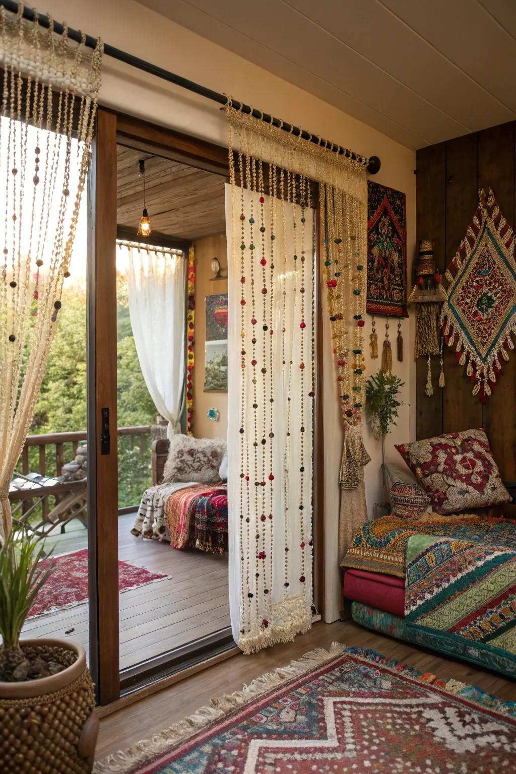 Beaded curtains bring a bohemian vibe and texture.