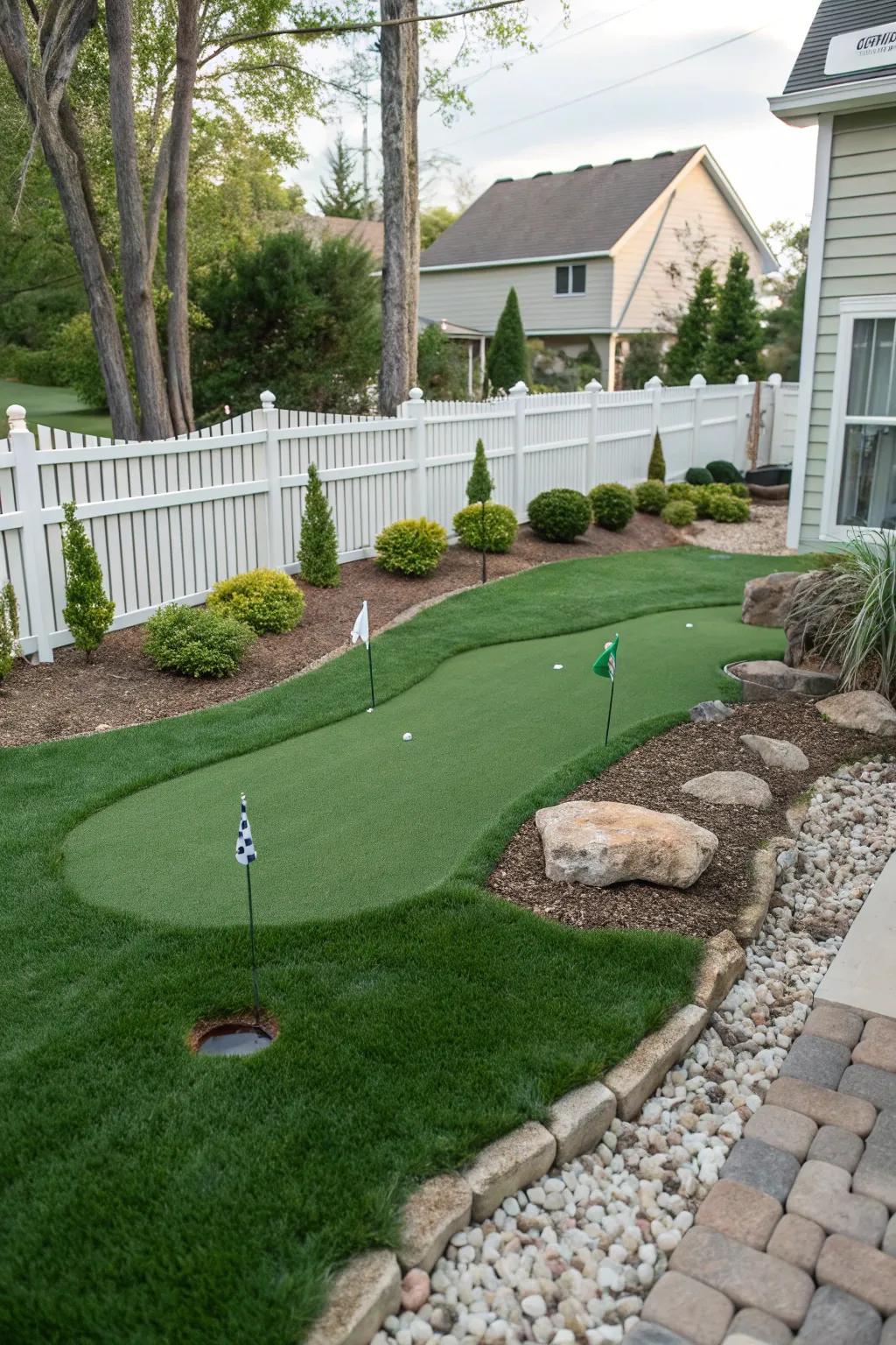 A creatively elevated putting green adding depth to a small yard.