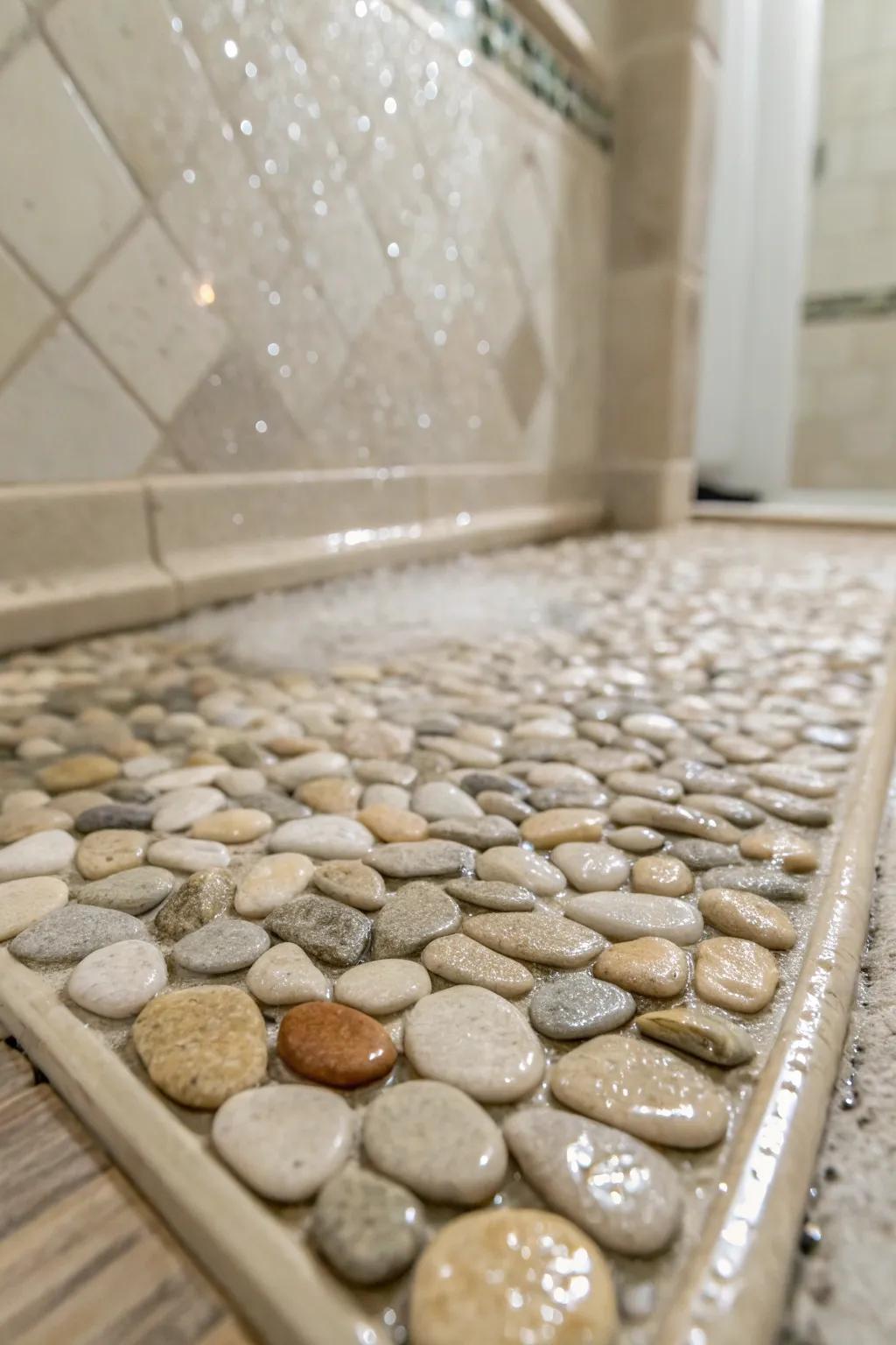 Pebble stones construct a spa like setting that is organic.
