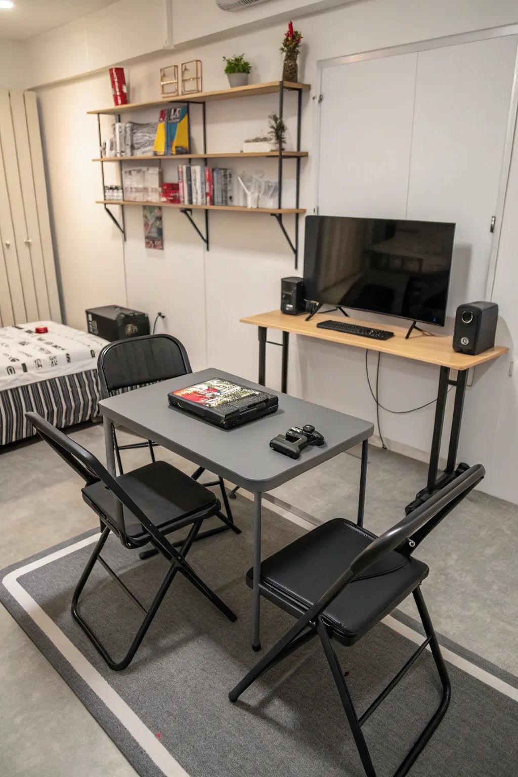 Foldable furniture offers flexibility in a small gaming room.