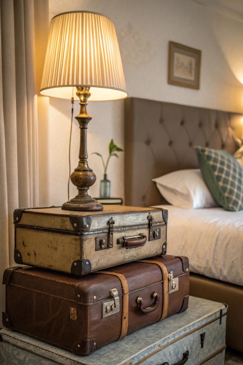 Vintage suitcases offer a nostalgic and functional bedside table option.