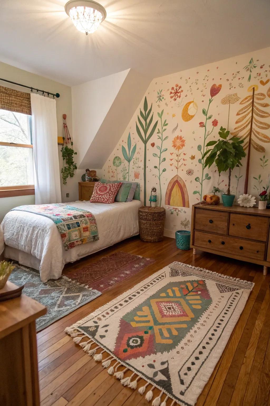 A DIY element like a hand-painted mural contributes a personal touch to this boho bedroom