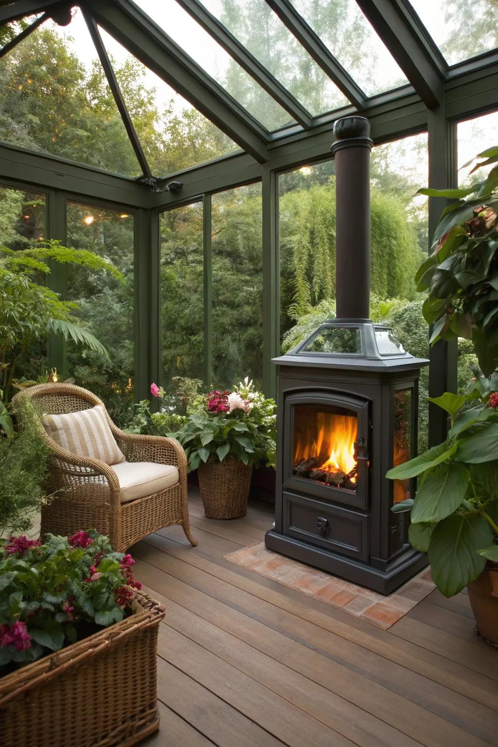 A small fireplace adds warmth and a cozy ambiance.