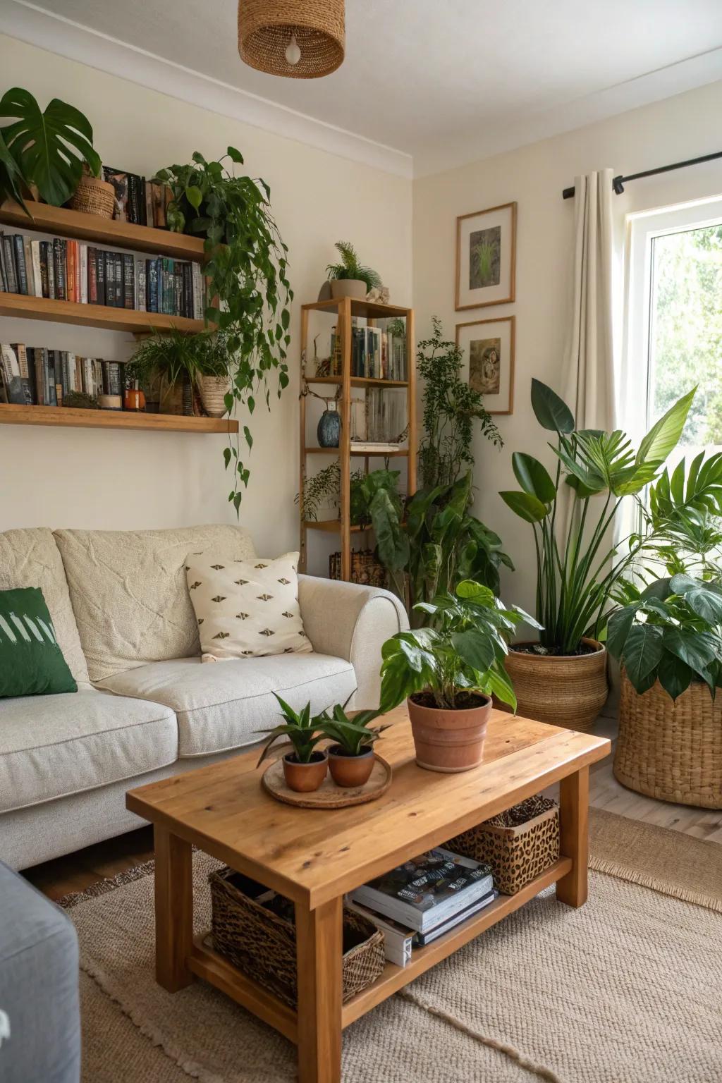 House plants add life and freshness to this cozy lounge.