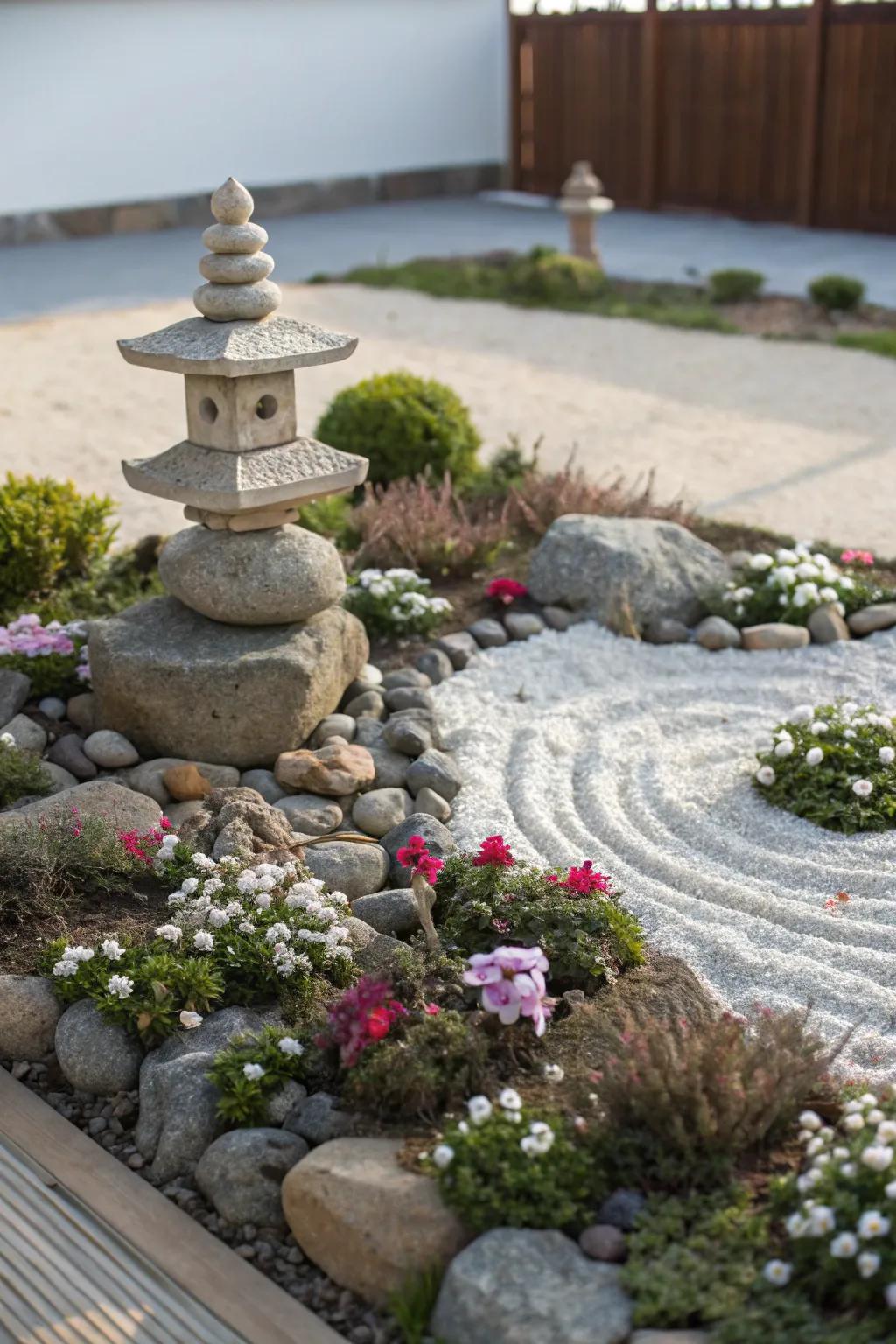 A tranquil compact flower bed featuring simple Zen garden elements.