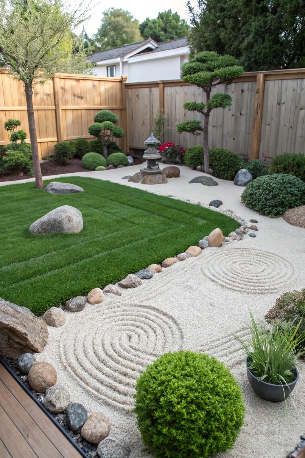 A calming Zen rock garden complemented by artificial turf.