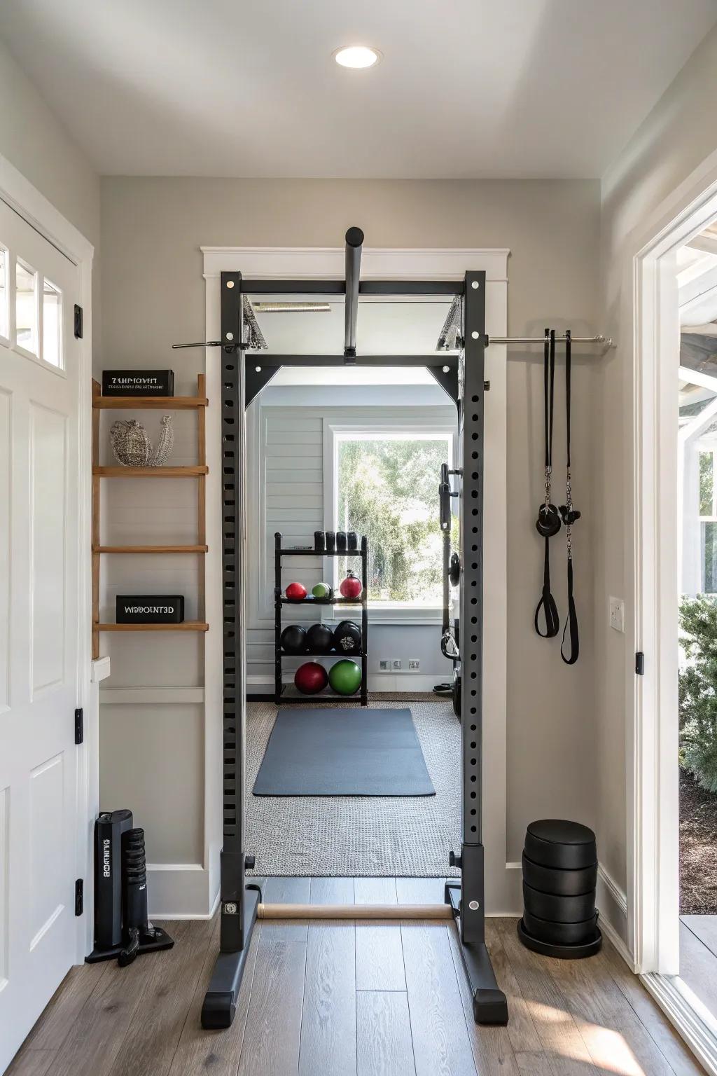 A doorway pull-up bar is a compact and helpful addition to your gym.