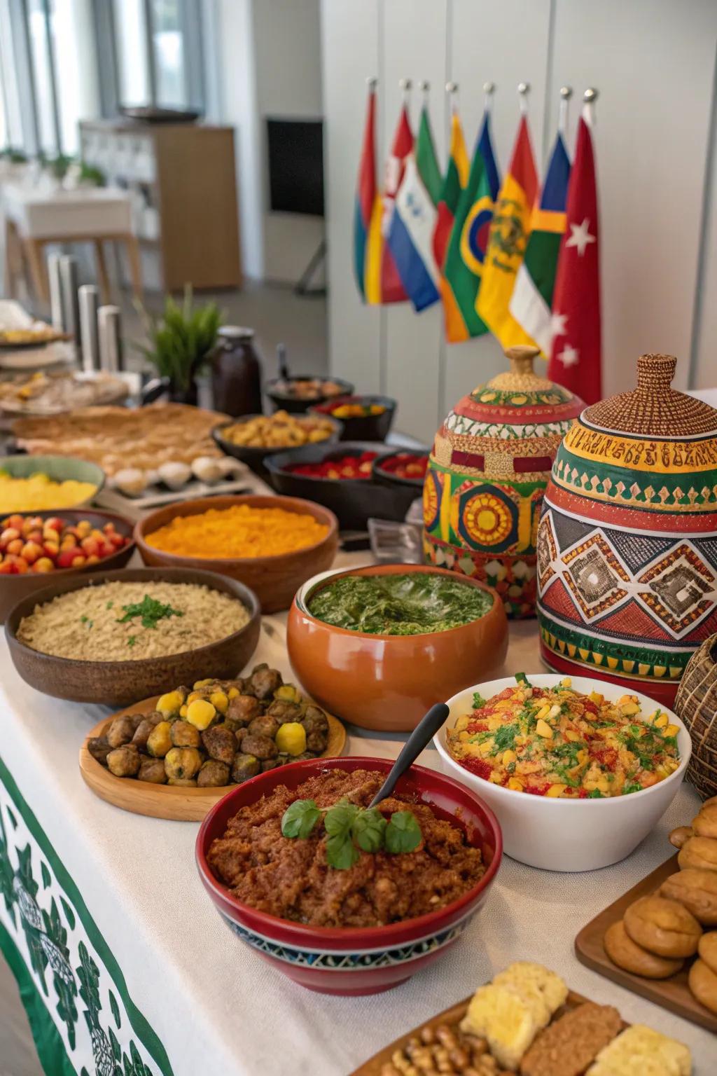 A global heritage festivities with diverse dishes and cultural items.