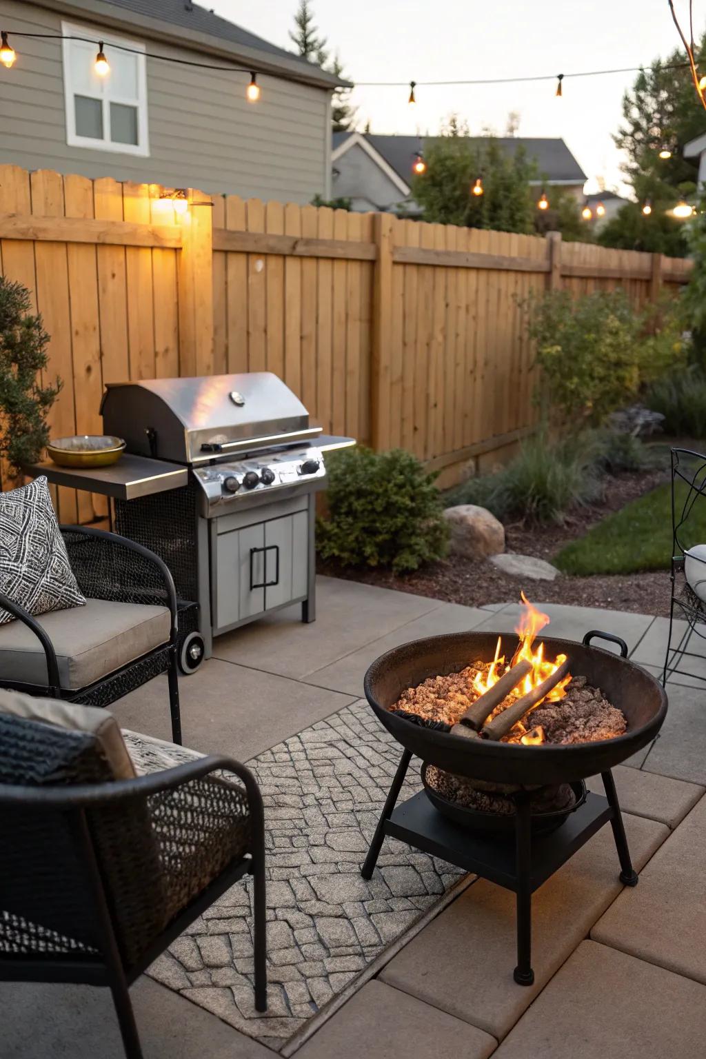 Portable firepits add warmth and versatility.