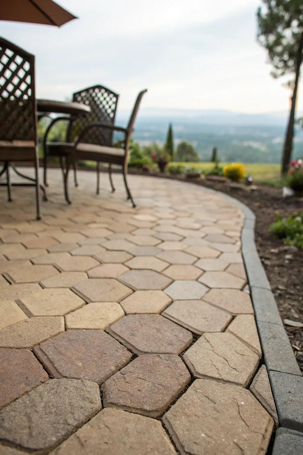 An artistic patio showcasing pavers with unusual shapes.