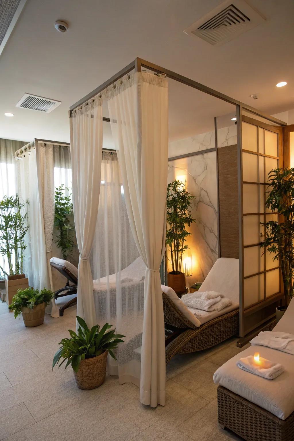 Translucent screens maintaining light and openness in a spa room