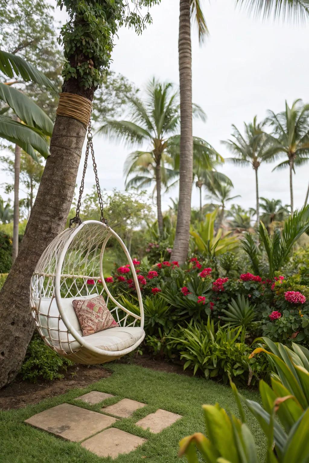 A hanging seat provides a perfect place to appreciate the tropical view.