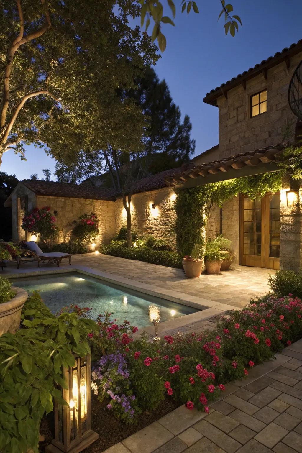 Hidden lighting creates a magical ambiance in this Spanish-style backyard at night.