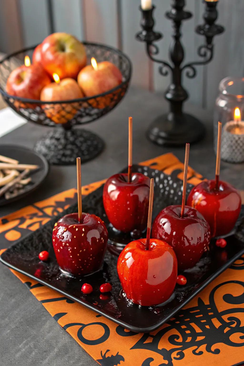 Blood red apples poised to thrill your Halloween guests.