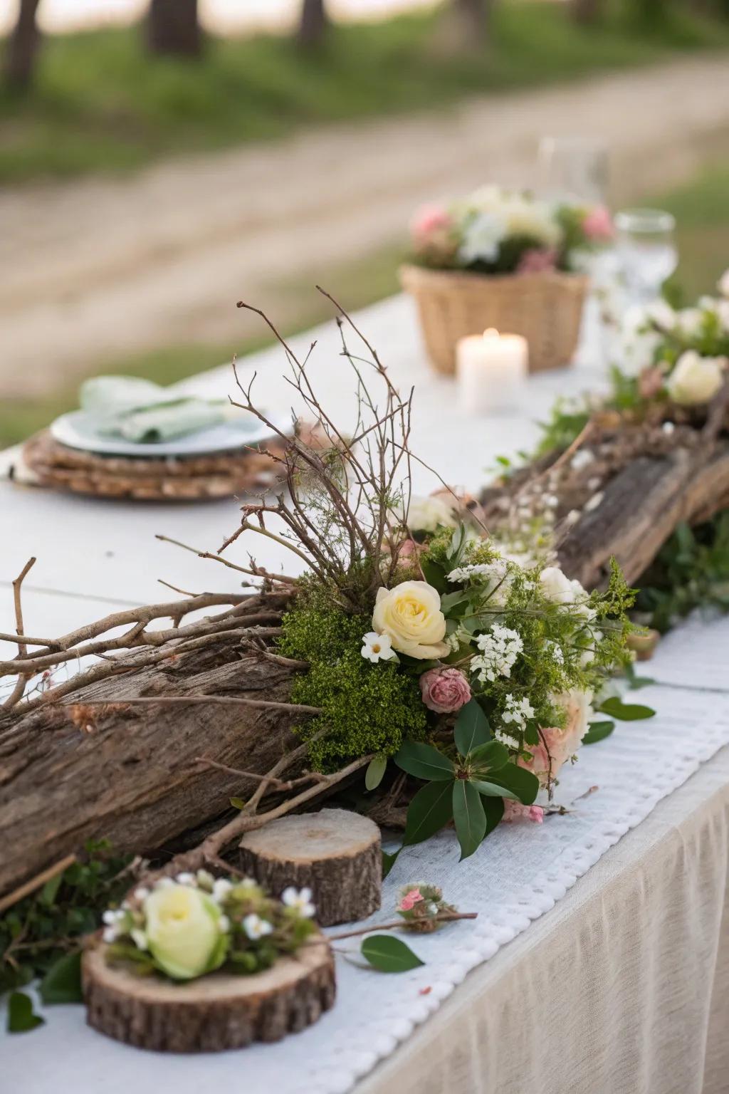 A rustic, natural charm is provided by natural accents.